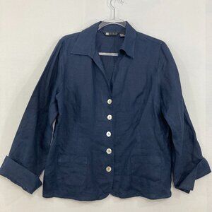 Vintage Carole Little size Large Pure Linen Navy Rolled Sleeve Button Down